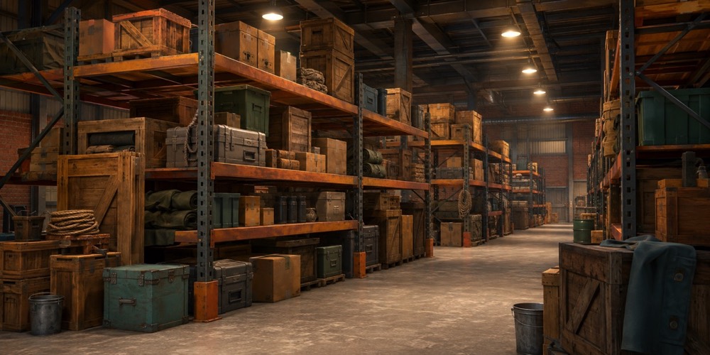 Illustration: Rows of shelves in a storage warehouse filled with crates, boxes and assorted objects, warm overhead lighting