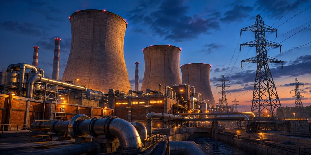 Illustration: An industrial power plant at dusk: cooling towers, pipes and transmission pylons, warm lights
